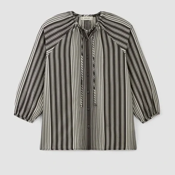Everlane striped blouse shirt cream bone black button front tie tencel small - Picture 9 of 10